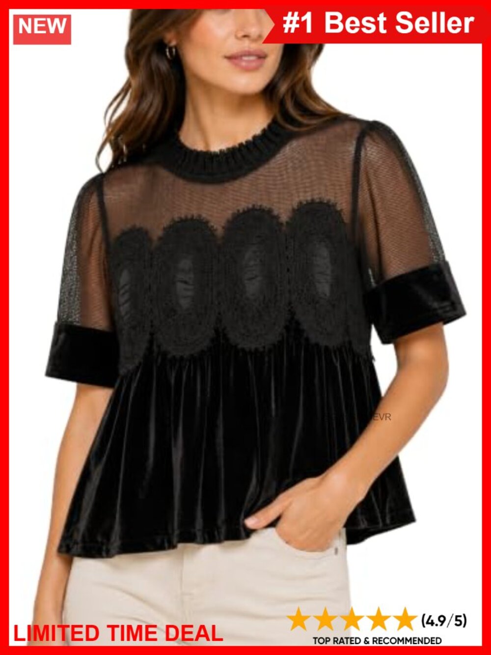 Velvet Scallop Lace Babydoll Blouse Short Sleeve Boho Crop Top